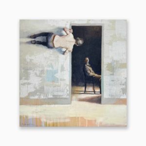 Oeuvre de l'artiste Philippe Hérard. Scene absurde d'un homme assis dans une pièce regardant un homme accroché au mur