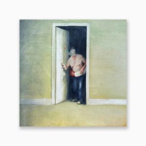 Tableau de l'artiste philippe hérard. Un homme sortant d'une piéce, oeuvre surréaliste, avec un masque et un tuba