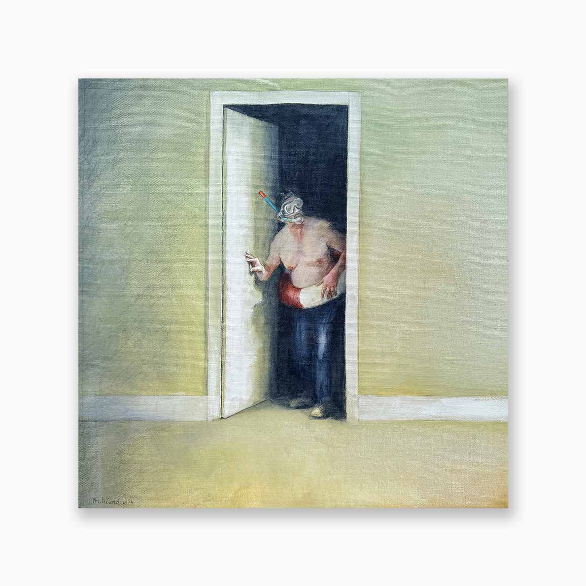 Tableau de l'artiste philippe hérard. Un homme sortant d'une piéce, oeuvre surréaliste, avec un masque et un tuba
