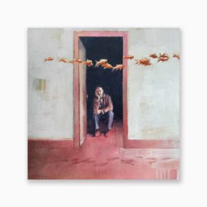 Tableau de Philippe Hérard, un homme regardant un banc de poisson voler dans un couloir. Une scène absurde caractéristique de l'artiste