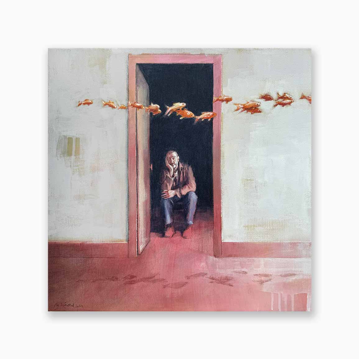 Tableau de Philippe Hérard, un homme regardant un banc de poisson voler dans un couloir. Une scène absurde caractéristique de l'artiste