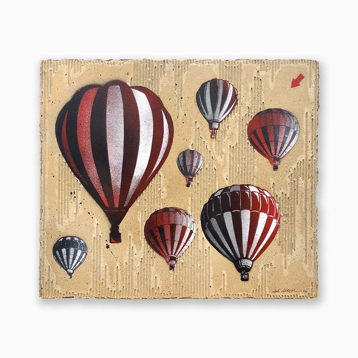 Oeuvre de Jef Aérosol, street artiste, représentant des montgolfières de couleur rouge et noir dans le ciel. Street Art Paris