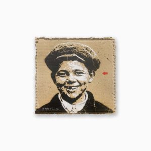 Petite oeuvre de Jef Aérosol, street art paris, représentant un enfant souriant avec une casquette. Prix disponible