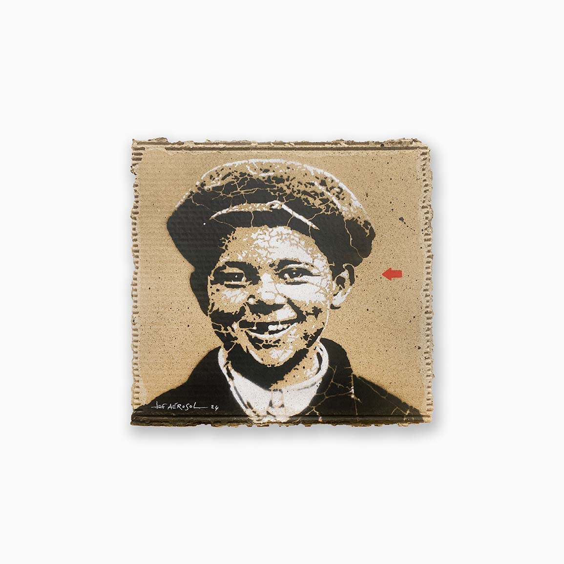 Petite oeuvre de Jef Aérosol, street art paris, représentant un enfant souriant avec une casquette. Prix disponible