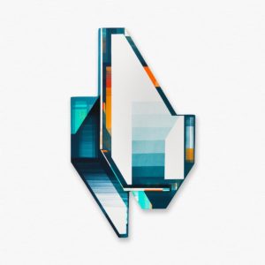 Oeuvre d'art abstrait contemporain de l'artiste Olivier Swiz. Forme découpée en bois peinte. Abstraction géométrique