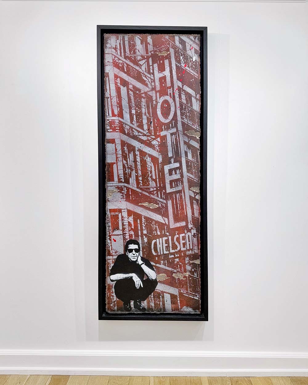 Œuvre Chelsea Hotel de Jef Aérosol exposée dans la galerie, portrait de Leonard Cohen et hommage au street art