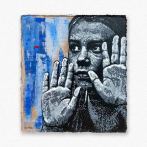 Pochoir original du street artiste Jef Aérosol Behind the Window 2023 portrait pochoir figure humaine mains vitre