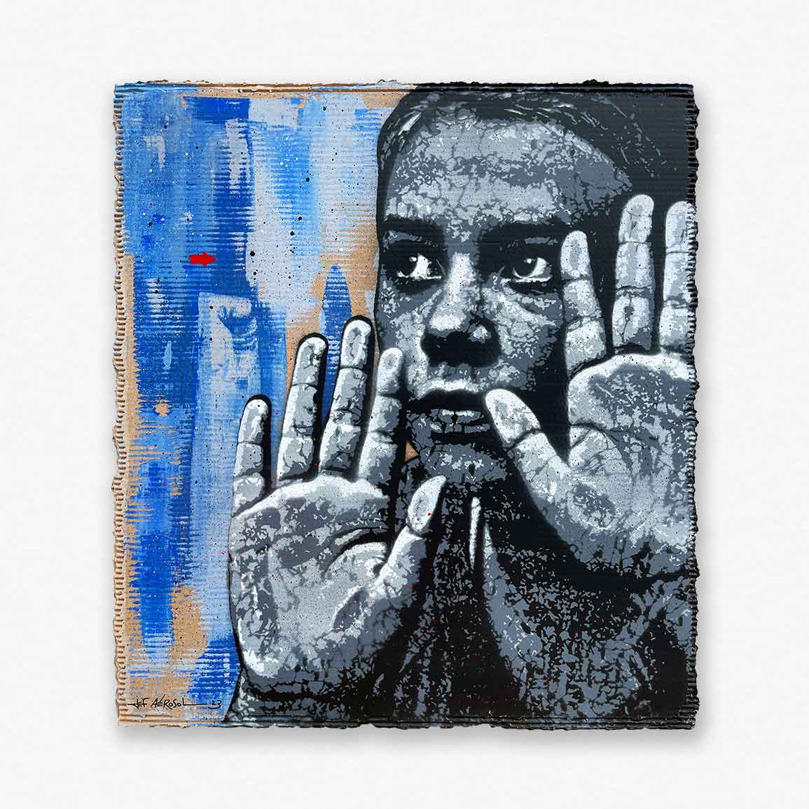 Pochoir original du street artiste Jef Aérosol Behind the Window 2023 portrait pochoir figure humaine mains vitre