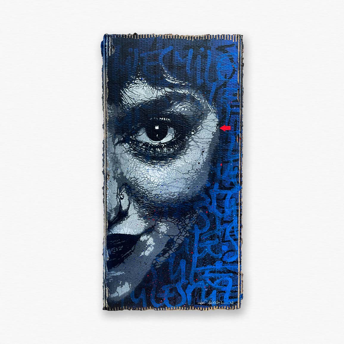 Portrait de femme par le street artiste jef aérosol. Fond en écriture bleue