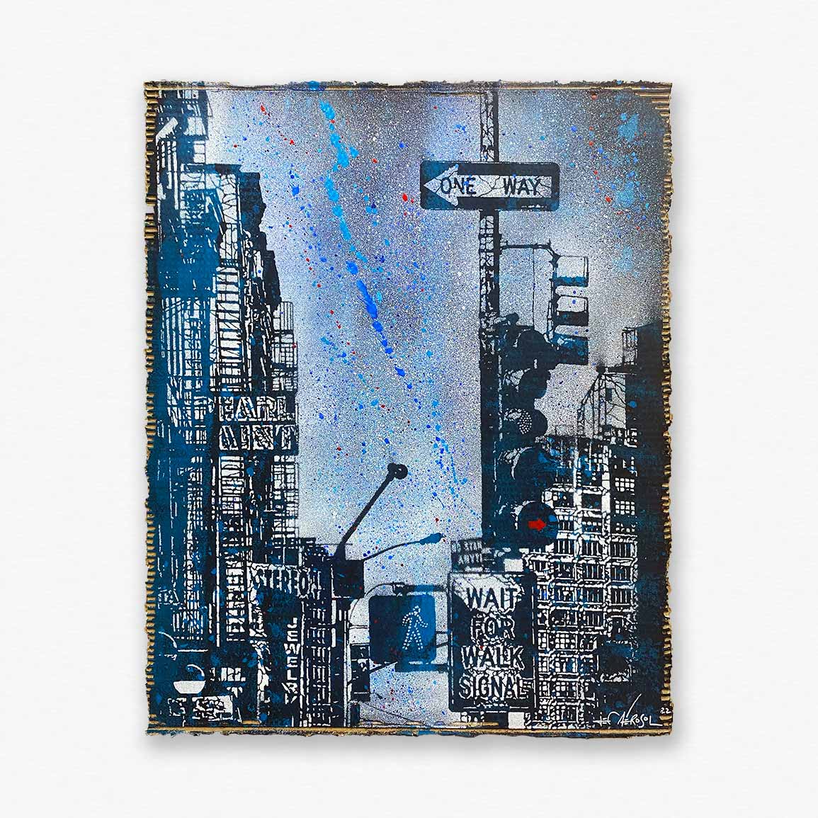 Œuvre originale de Jef Aérosol One Way 2022 pochoir urbain scène de rue signalisation New York