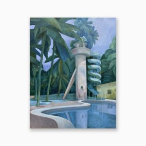 Tableau d'Olivier Kenneybrew. Végétation luxuriante, tropicale. Construction architecturale onirique